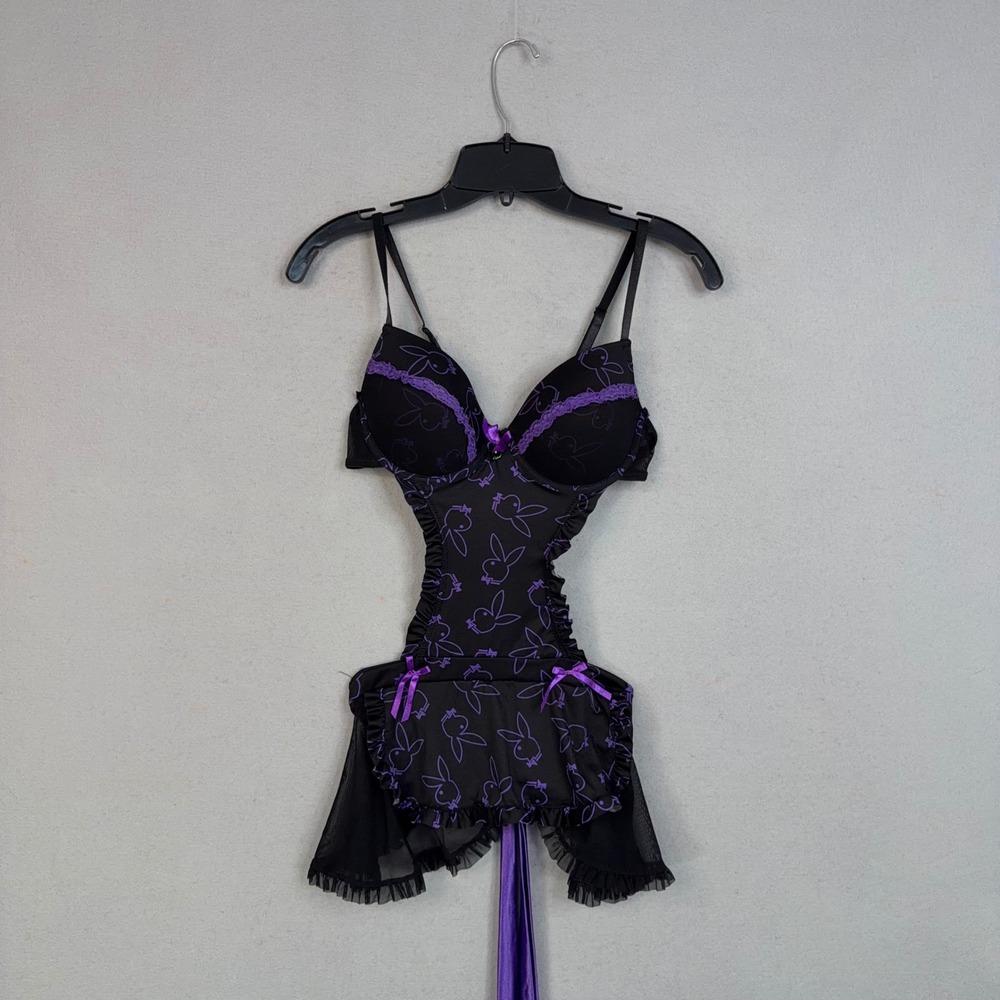 Playboy Lingerie Womens Large Black Purple Bunny Logo Teddy Romper Y2K Aesthetic